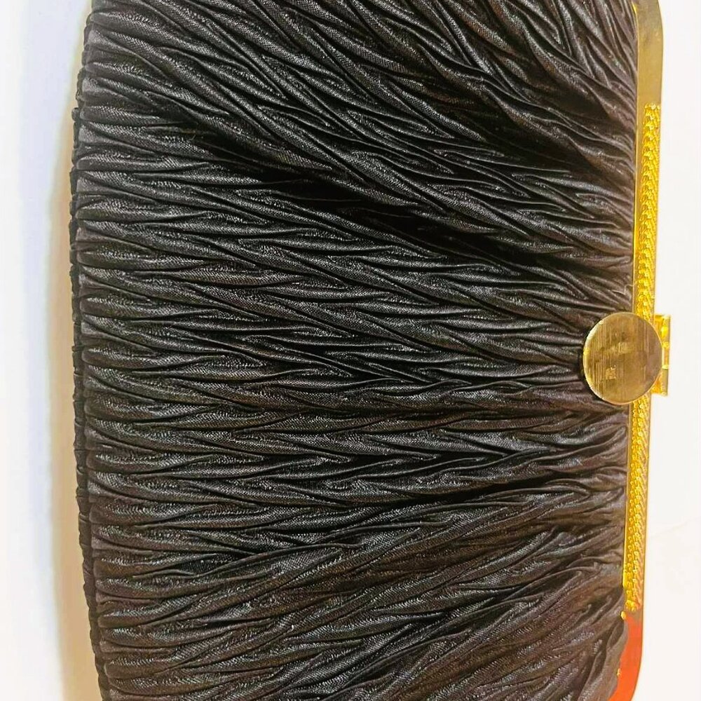 Goldco Vintage Black Pleated Satin Clutch – Gold Frame, Near Mint